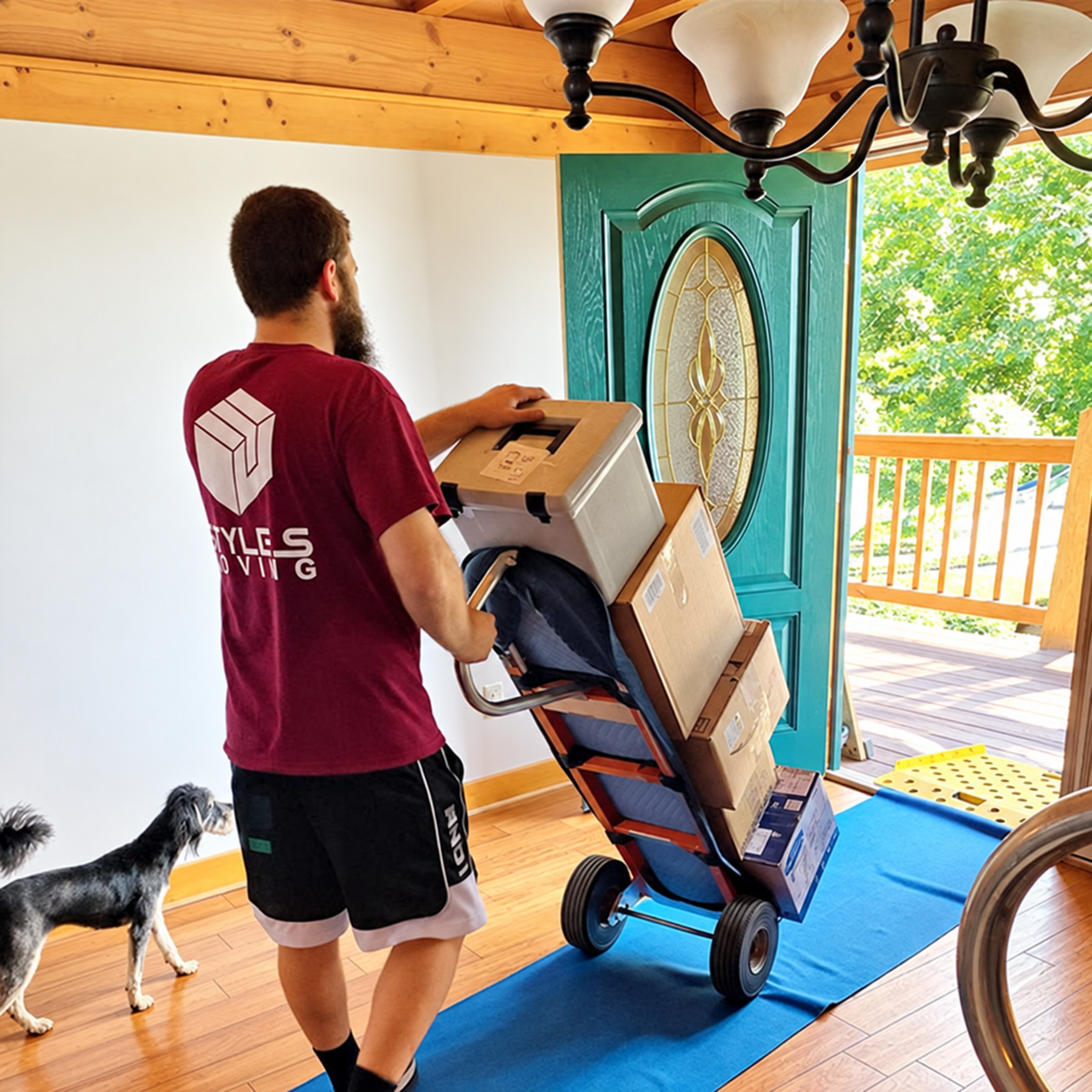 Styles Moving team member with a dog during a residential move